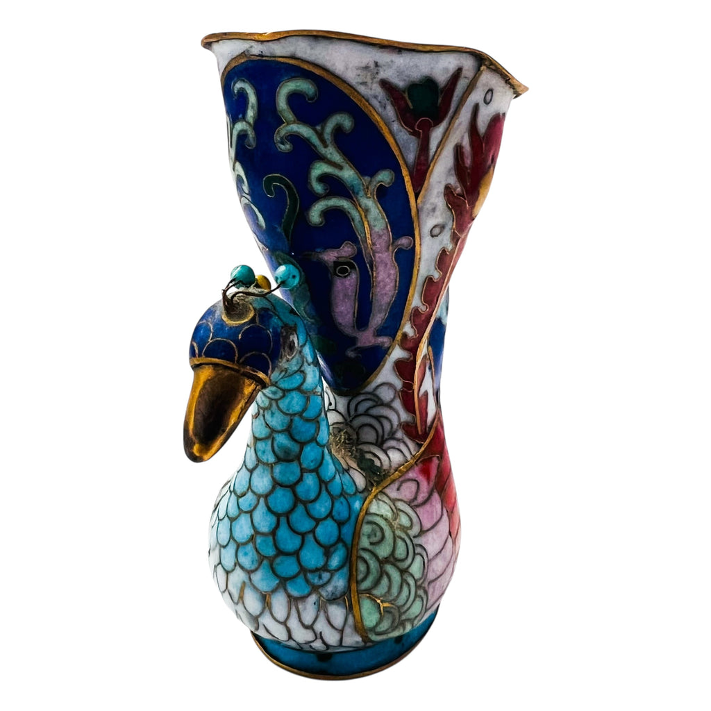 Vintage Cloisonne Copper Enamel Peacock Figurine Vase