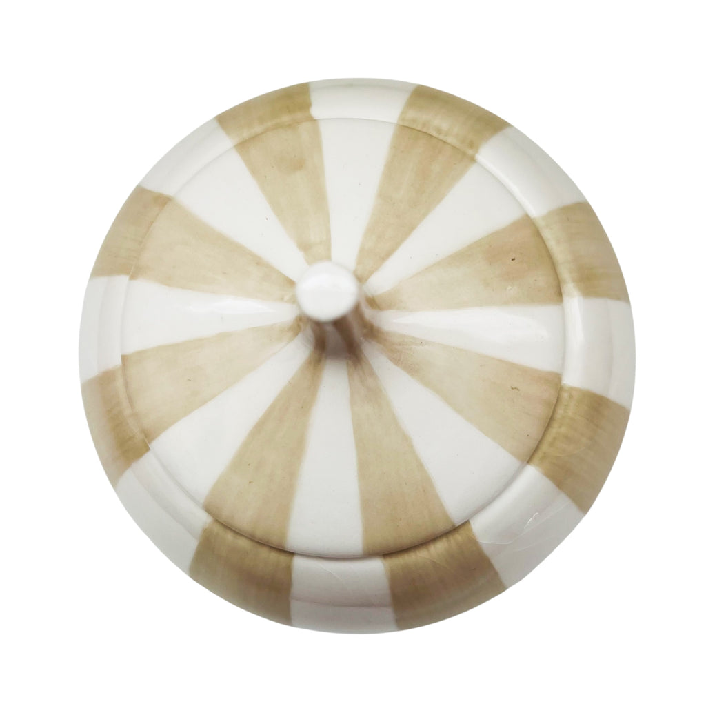 Jonathan Adler Happy Home Cream and Tan Ceramic Striped Jar w/Lid