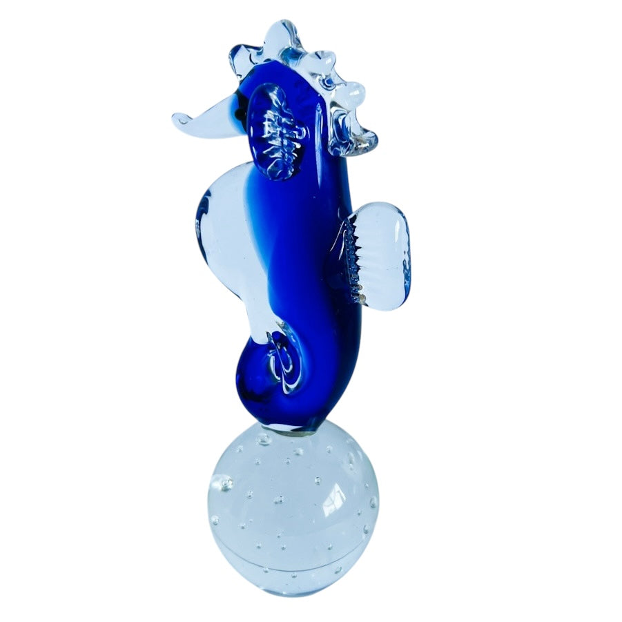 Vintage Hand Blown Blue Art Glass Seahorse Figurine
