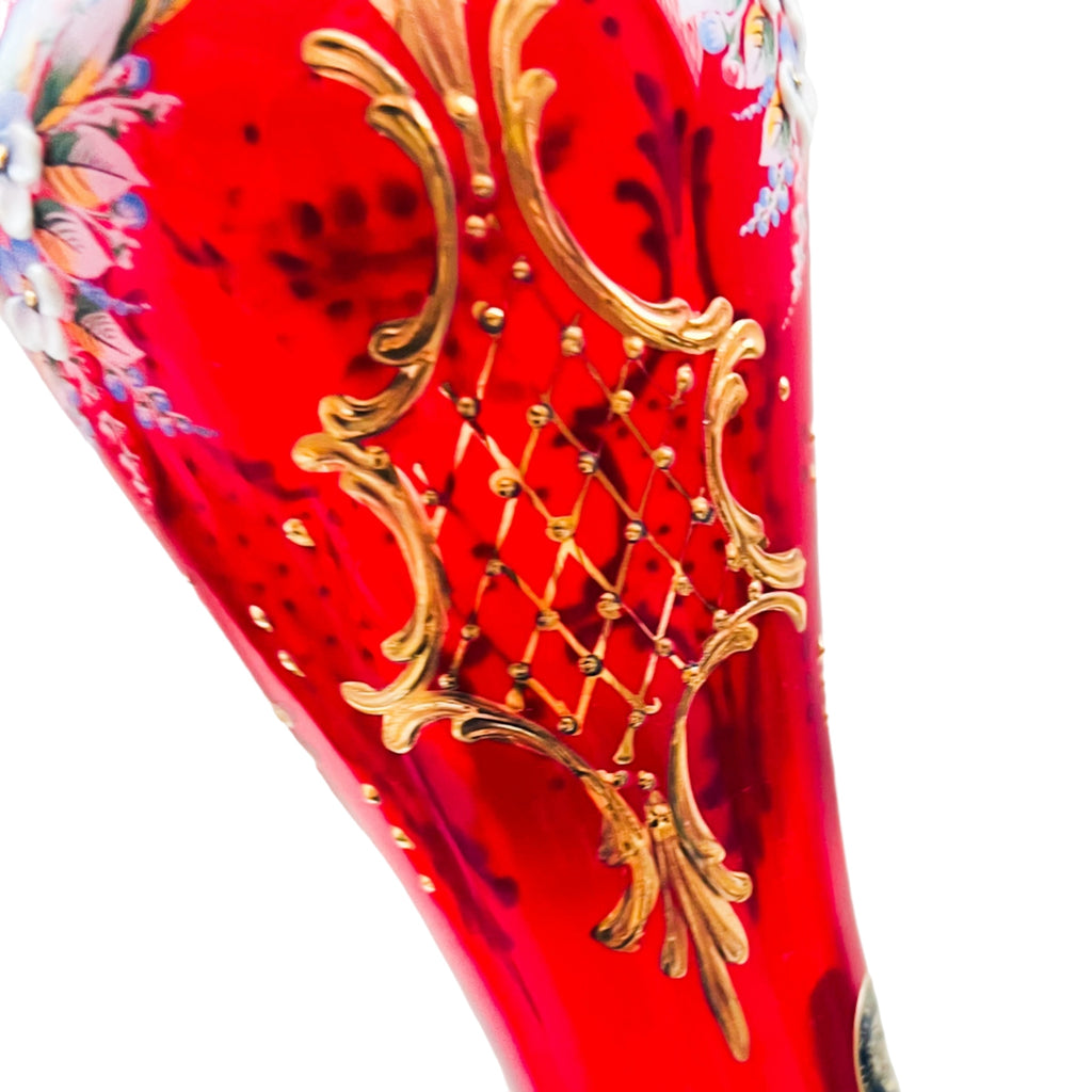Vintage Murano Bohemian Red Glass Gold Gilt Applied Enamel Flowers Vase