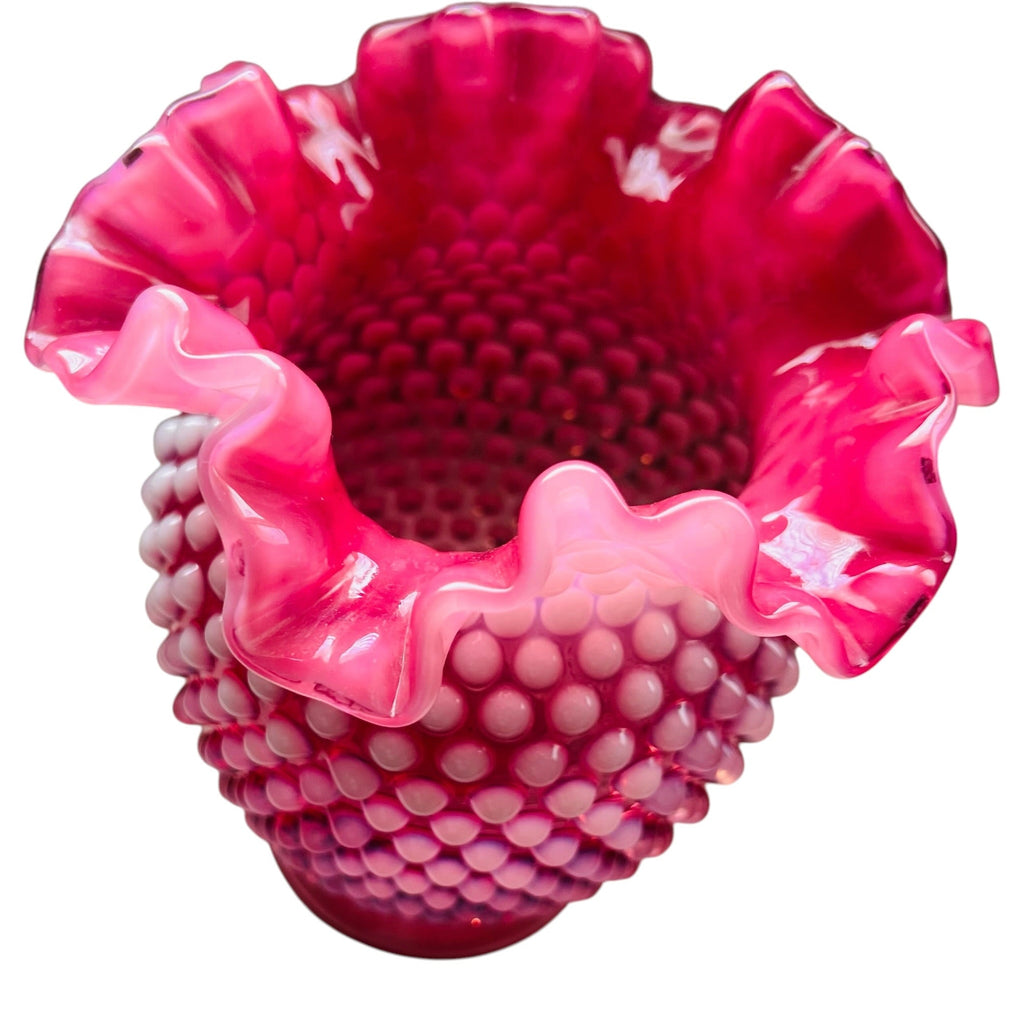 Vintage Fenton Cranberry Opalescent Glass Hobnail Crimped Vase