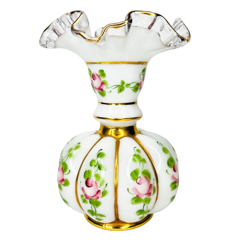 Fenton Charleton Roses Crest Melon Milk Glass Ruffle Vase