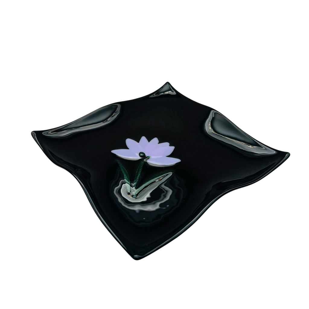 Vintage Fused Black Glass Tray Plate with Purple Flower Design