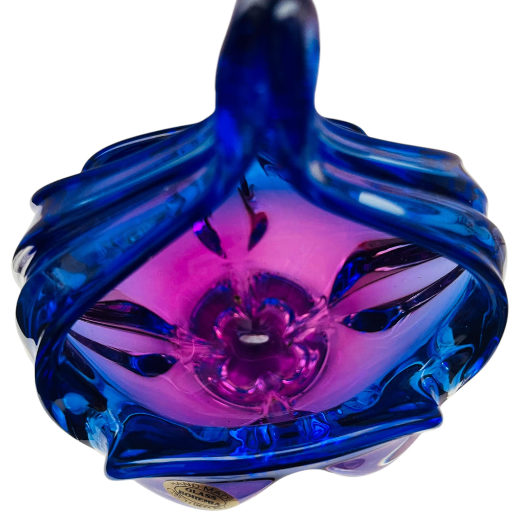 Vintage Czech Republic Art Bohemian Glass Hand Made Basket Bowl