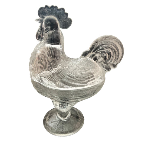 Vintage Clear Glass Standing Rooster Candy Dish w/Lid