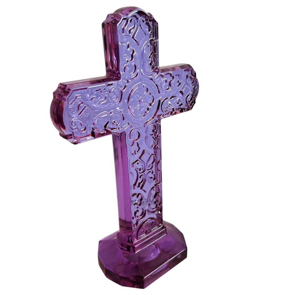 Religious Cross Standing Purple Crystal Art Glass Statue
