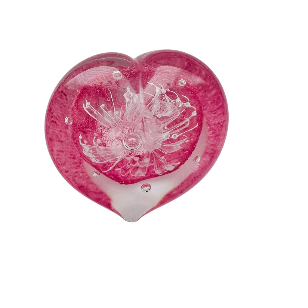 Pink Glass Heart Shaped Clear Flower Paperweight