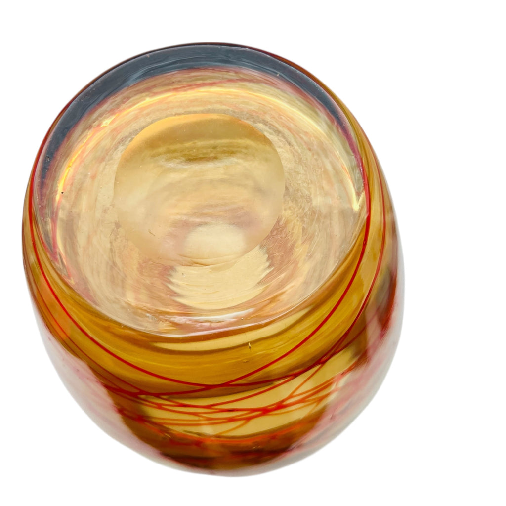 Vintage Hand Blown Amber Orange and Red Threaded Art Glass Vase