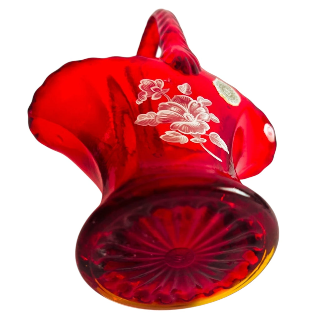 Vintage Westmoreland Ruby Red Art Glass Hand Painted Floral Basket