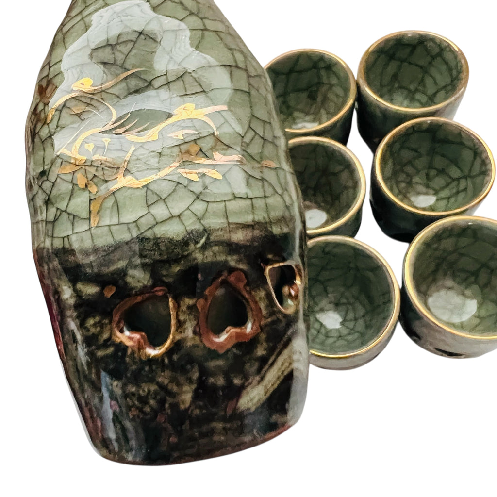 Somayaki Soma Ware Japaneses Double Walled Heart Gold Trim Saki Set