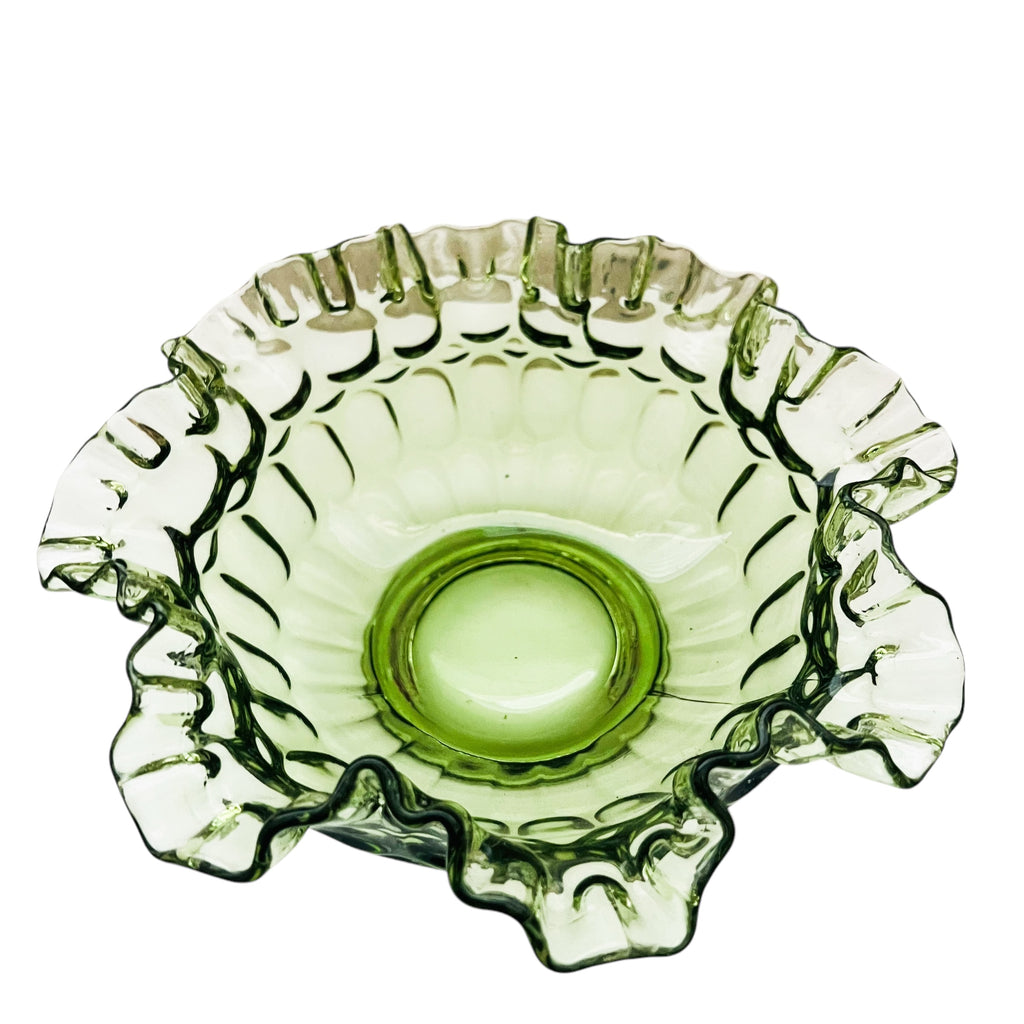 Vintage Fenton Colonial Green Thumbprint Round Ruffle Edge Bowl