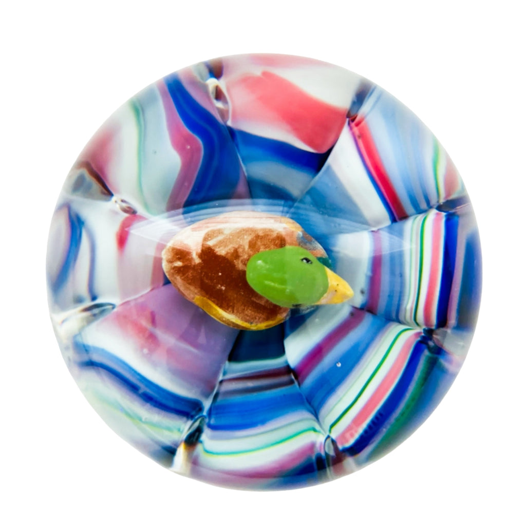 Vintage Duck Decoy Art Glass Round Paperweight