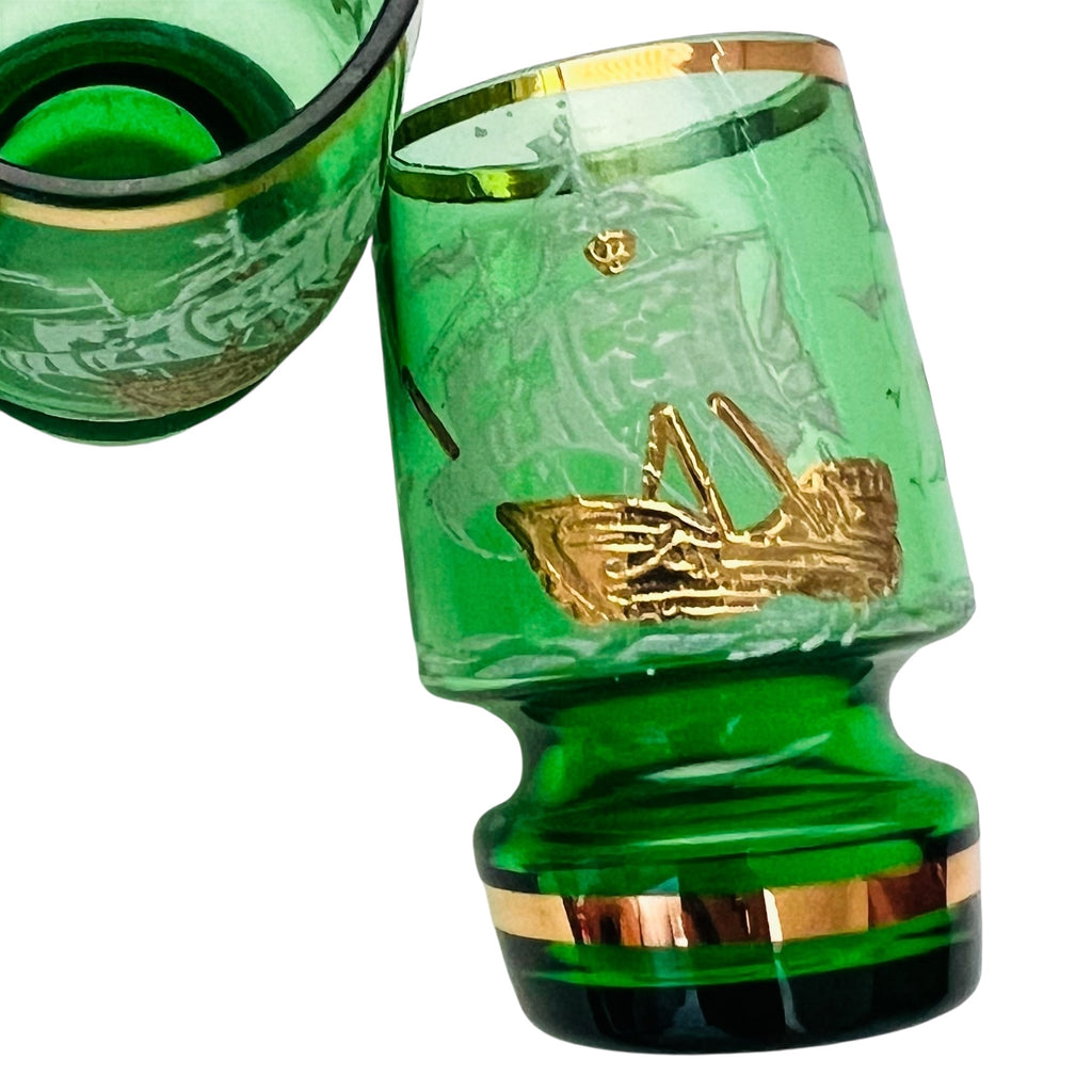 Vintage Green Gold Pirate Ship Shot Glasses Set of 6