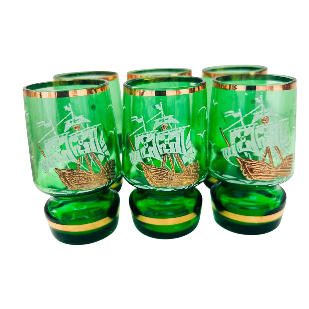 Vintage Green Gold Pirate Ship Shot Glasses Set of 6