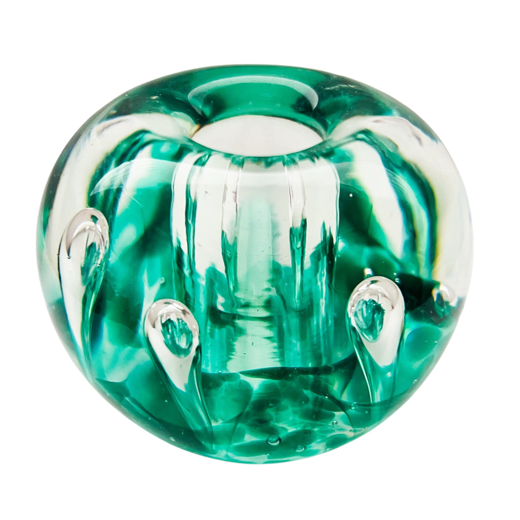 Vintage Green Bubble Art Glass Paper Weight Candle Holder