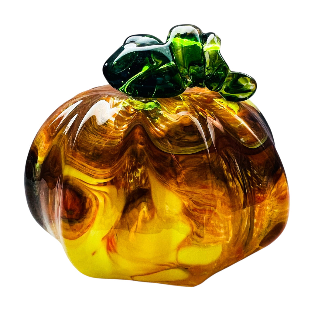Pumpkin Art Glass Swirled Green Leaf Paperweight