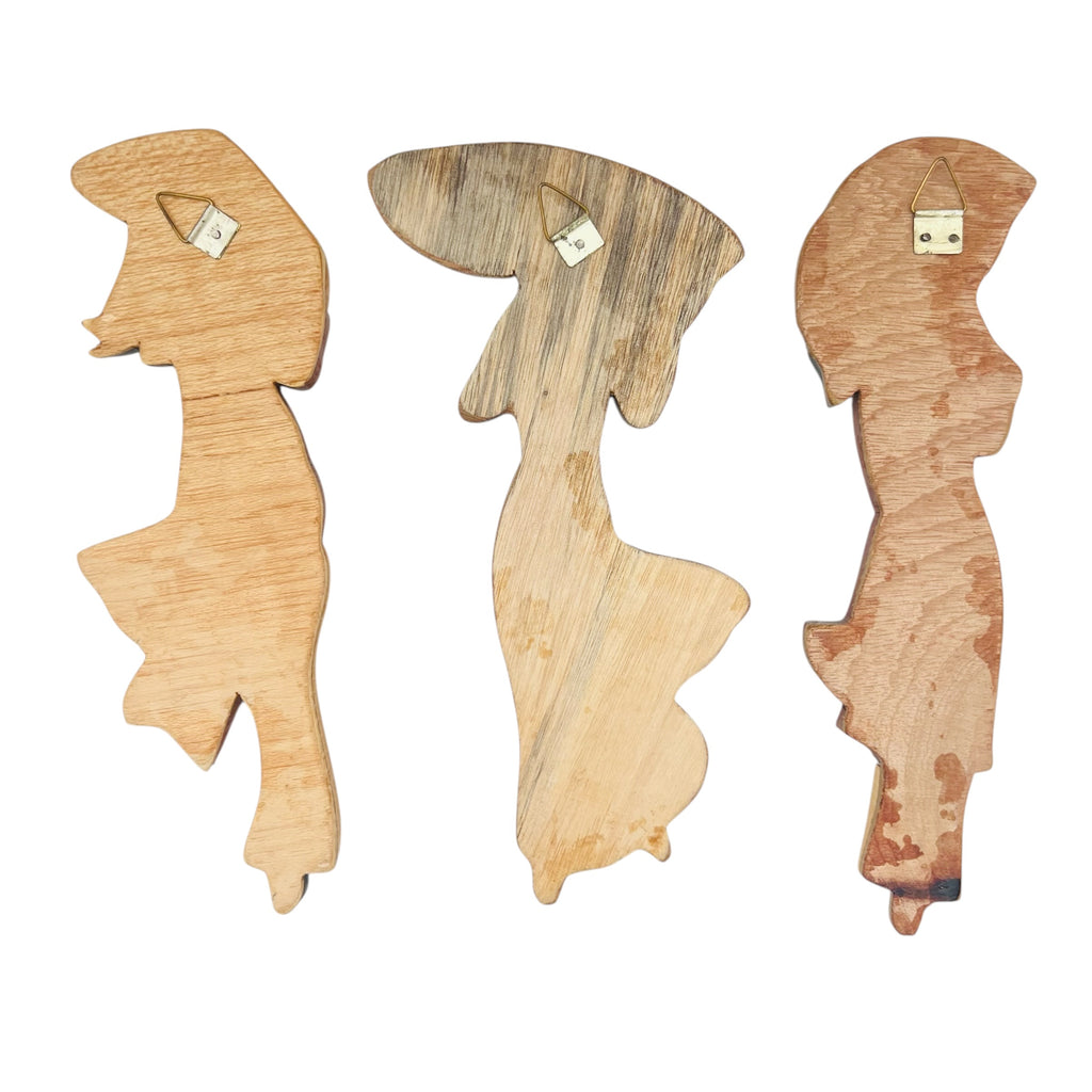 Vintage Hand-Carved Wooden Inlay Asian Wall Hanging Set of 3