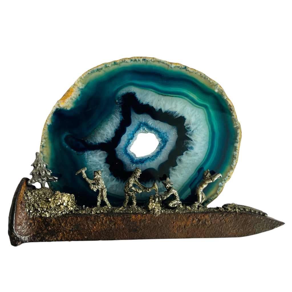 Vintage Blue Agate Pewter Detailed Rustic Nail Pewter Miner Prospector Scene