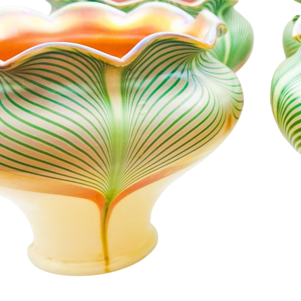 Antique Steuben Decorated Art Glass Shades with Green Feathering Trimmed in Gold Aurene Set of 4