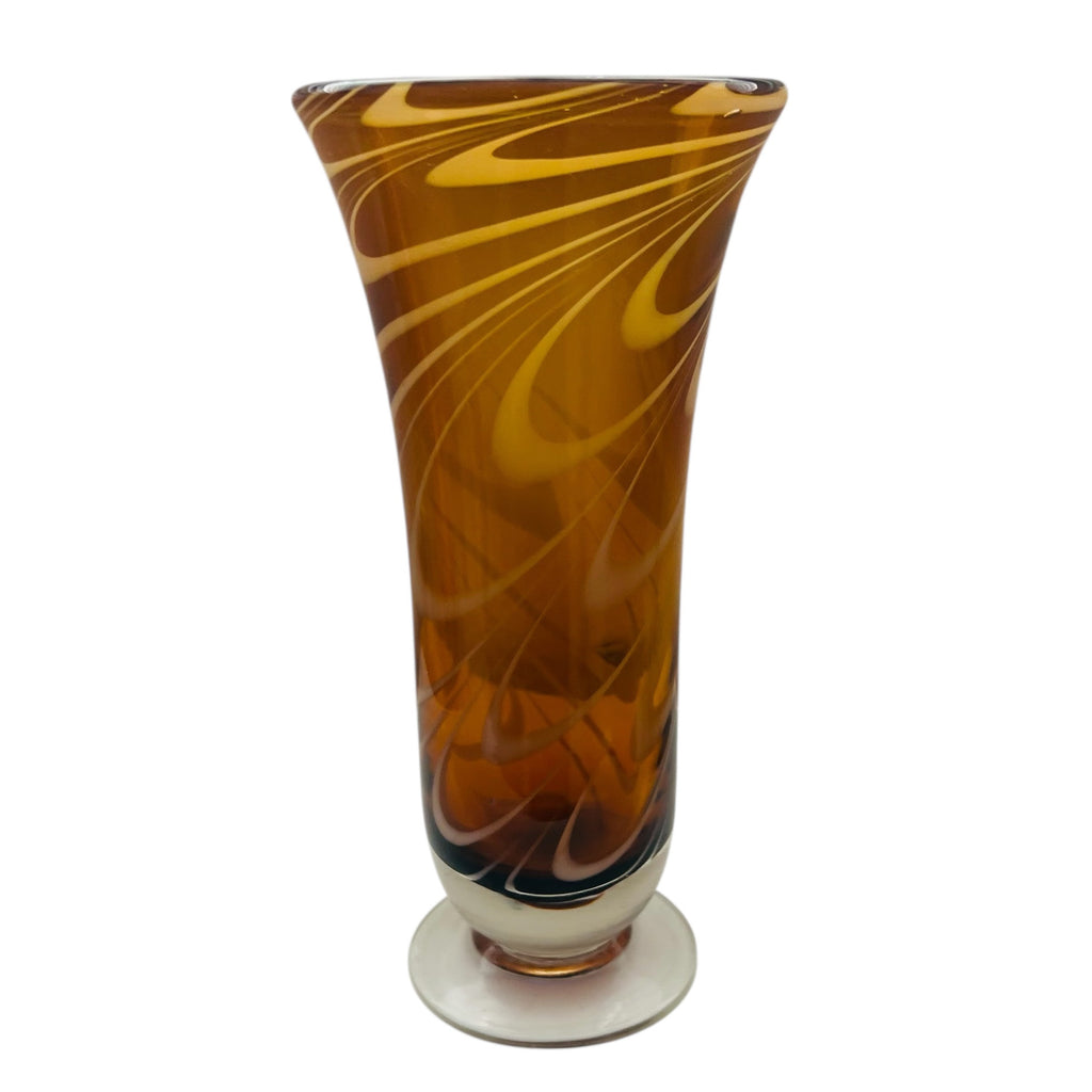 Vintage Amber and White Swirl Art Glass Footed Vase