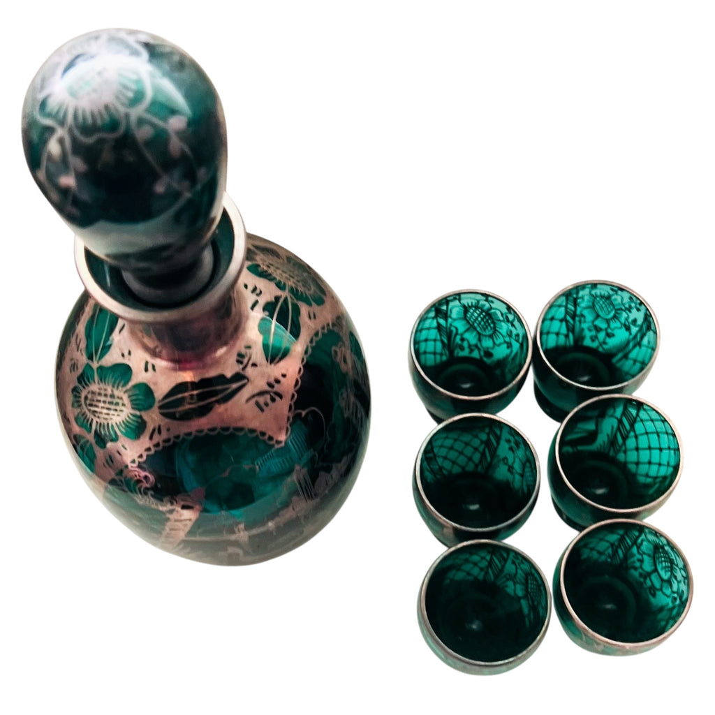 Vintage Emerald Glass Decanter & Silver Overlay 6 Glasses Set