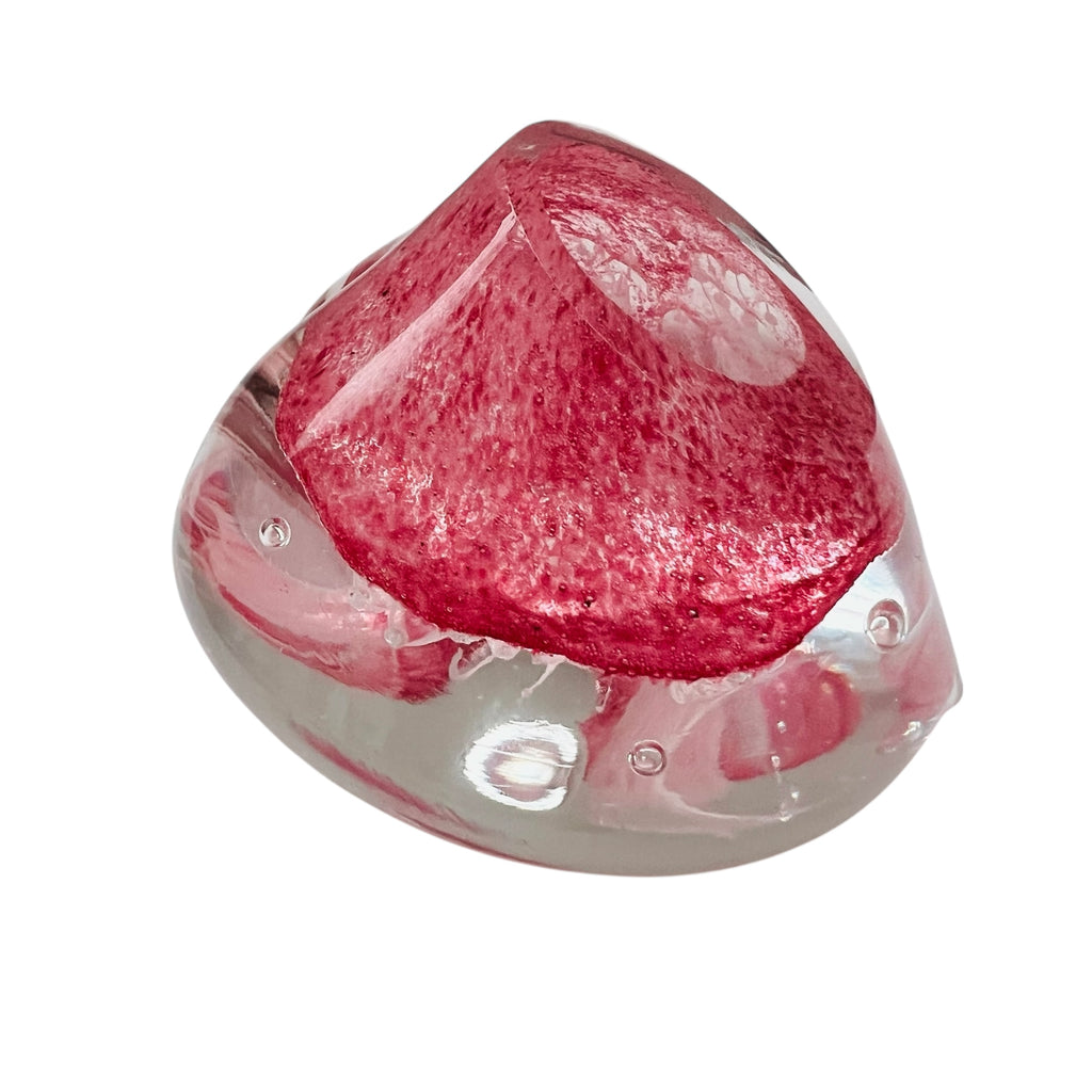 Pink Glass Heart Shaped Clear Flower Paperweight