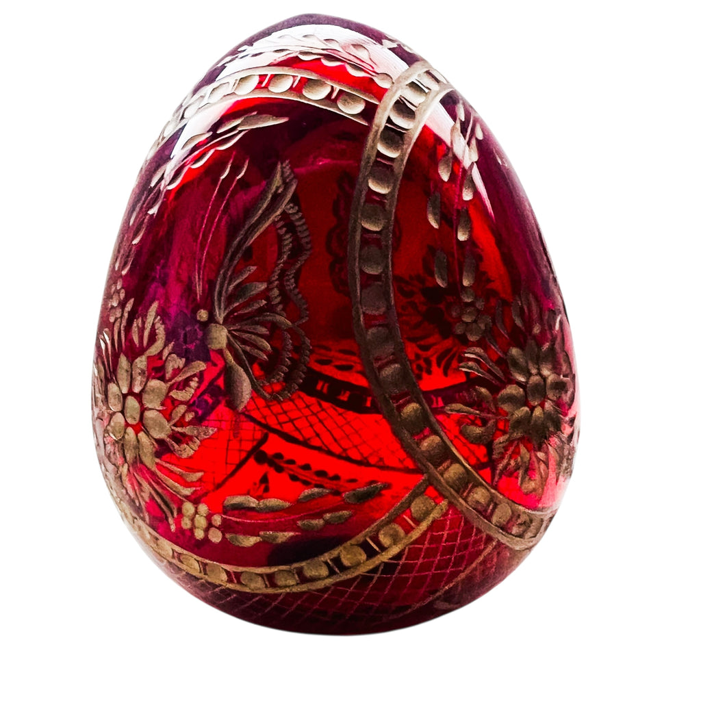 Vintage Faberge Style St. Petersburg Russia Ruby Red Etched Glass Egg