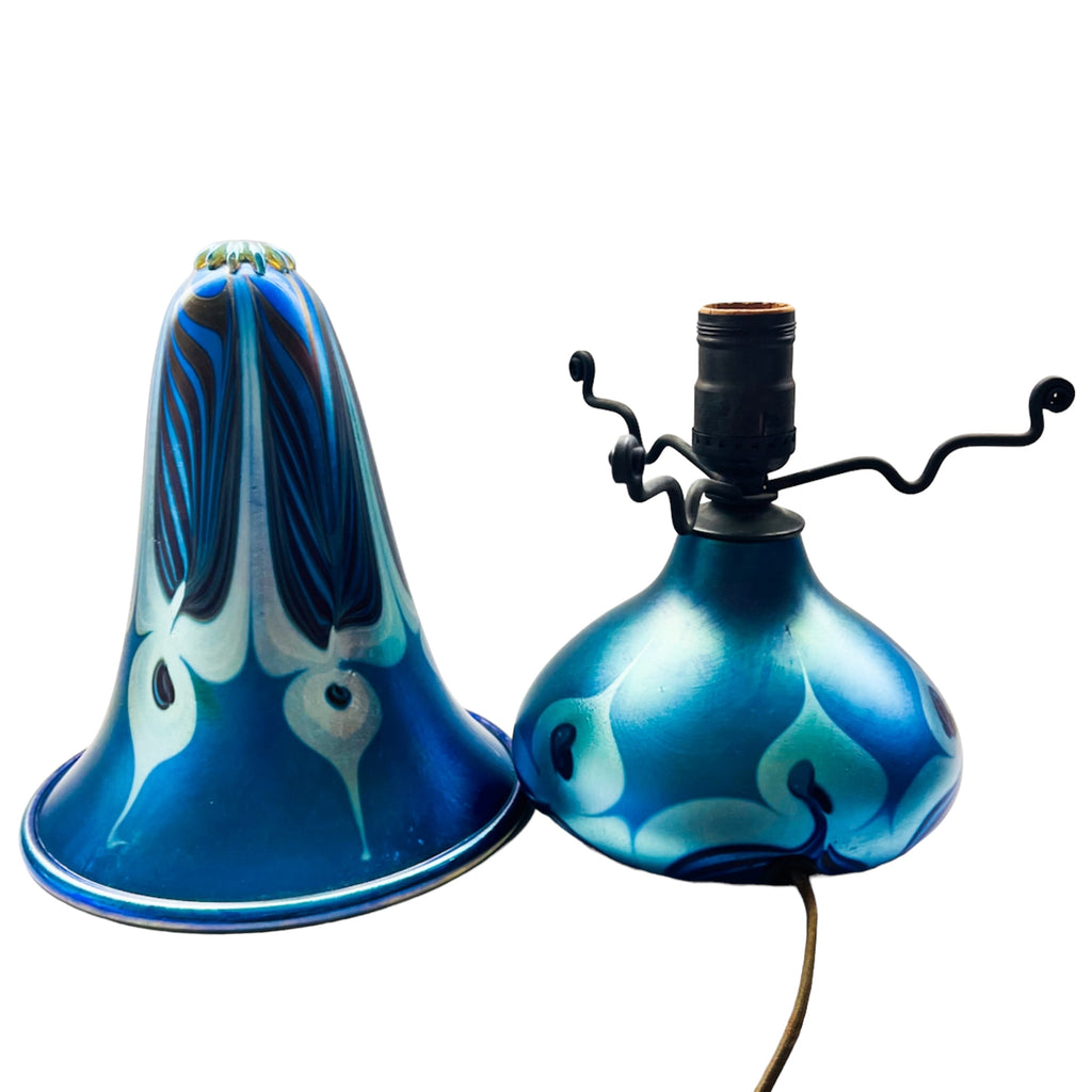 Vintage Carl Radke Art Glass Bell Shade Blue Signed Table Lamp