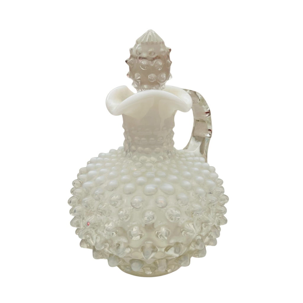 Vintage Fenton Glass Hobnail White Opalescent Clear Handle Cruet