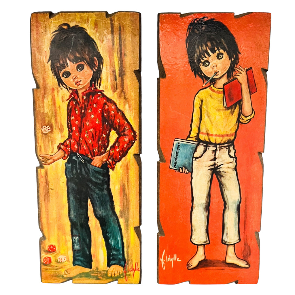 Vintage F. Idylle Girl Composite Wood Board Art Plaque Pair