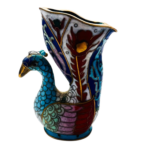 Vintage Cloisonne Copper Enamel Peacock Figurine Vase