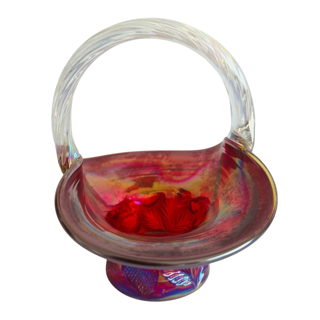 Vintage Fenton Clear Handle Red Carnival Mini Basket