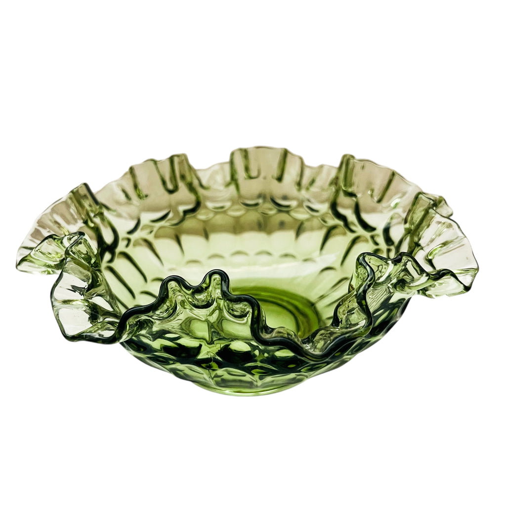 Vintage Fenton Colonial Green Thumbprint Round Ruffle Edge Bowl