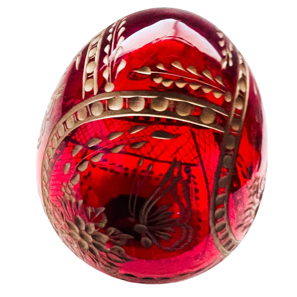 Vintage Faberge Style St. Petersburg Russia Ruby Red Etched Glass Egg