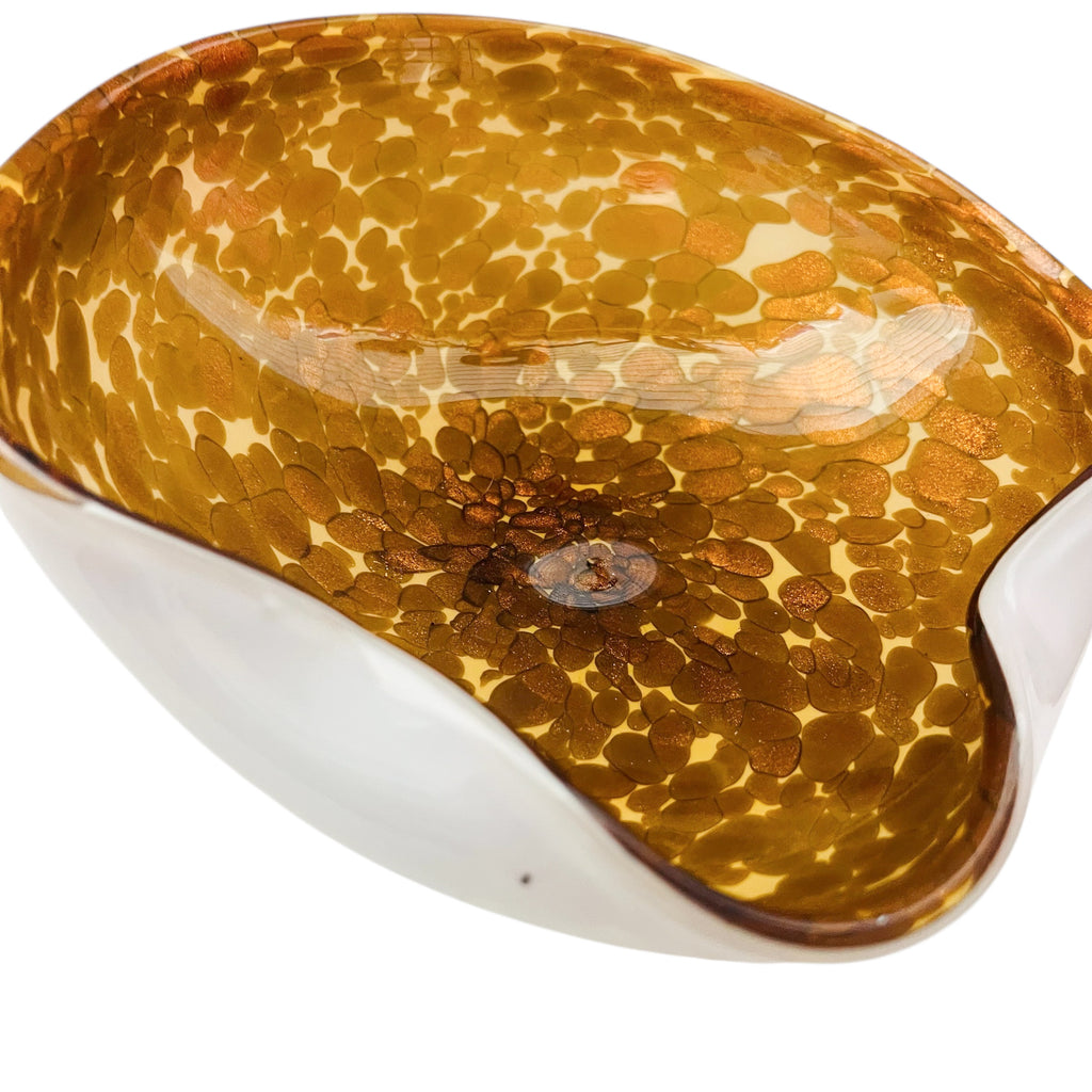 Vintage Murano Brown Gold Glitter Inclusions Cased White Bowl