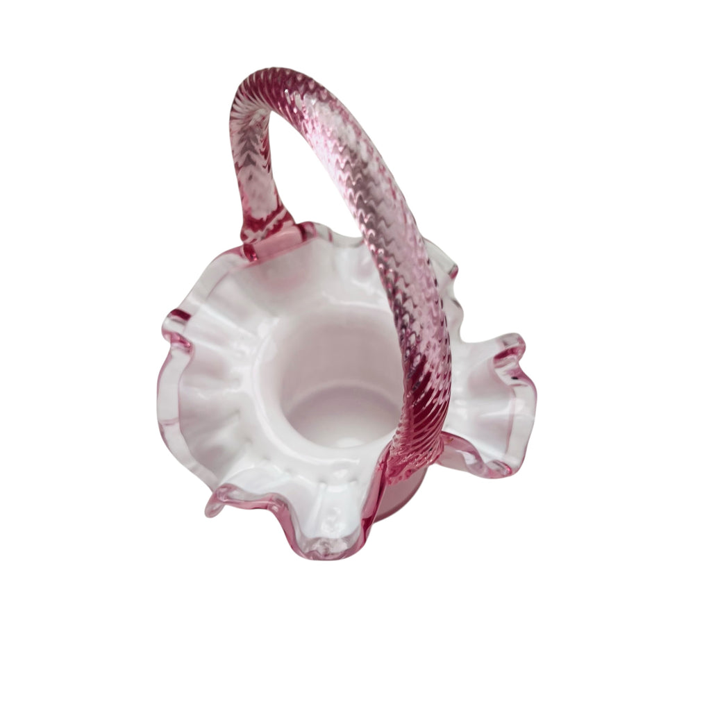 Vintage Fenton Pink Glass Cased White Ruffle Edge Basket