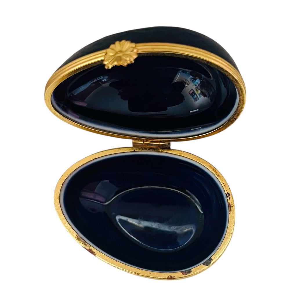 Vintage Limoges France Hand Painted Porcelain Cobalt Blue Hinged Egg Trinket Box