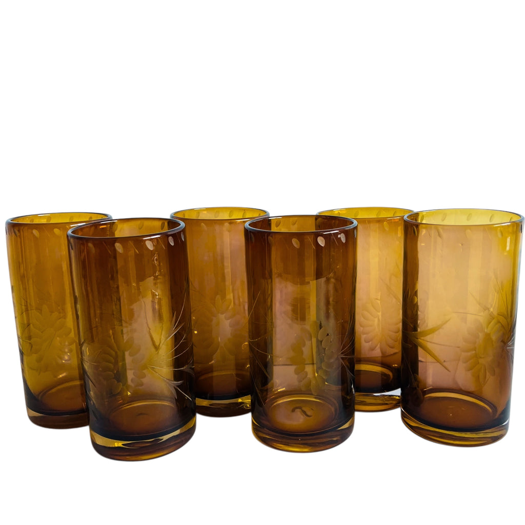 Vintage Bobby Flay Highball Etched Amber Glass Tumbler Set of 6