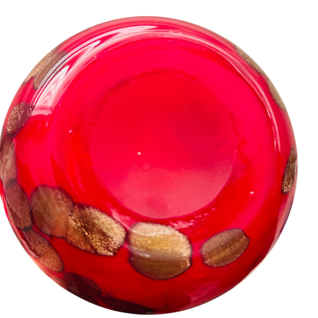 Vintage Art Red Glass Red and White Gold Swirled Ruffle Vase