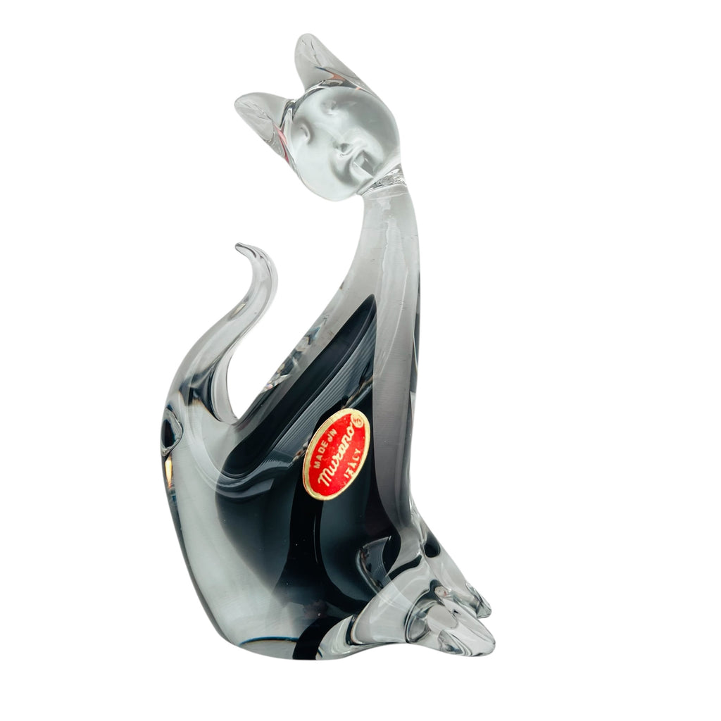 Vintage Murano Italy Black Clear Glass Seated Cat Figurine Sculpture