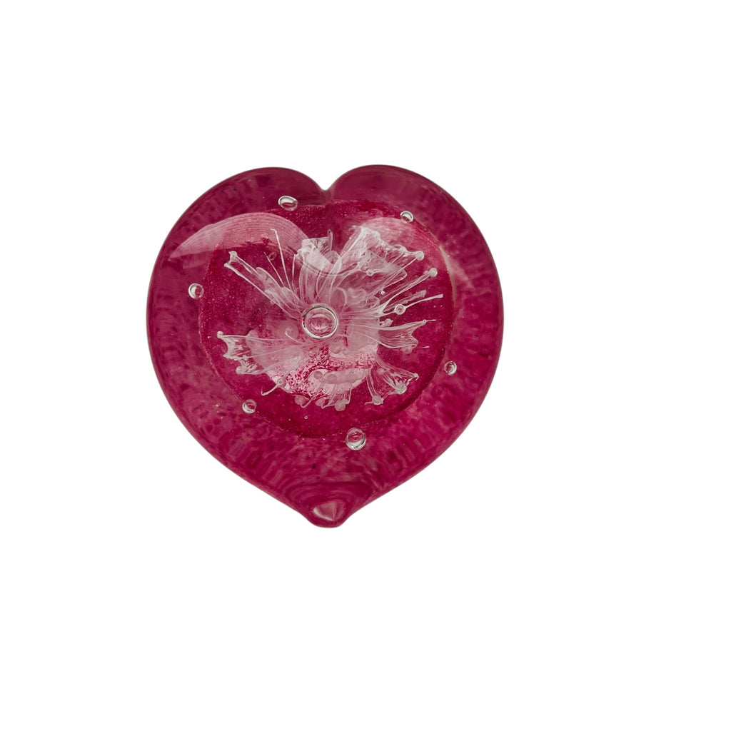 Pink Glass Heart Shaped Clear Flower Paperweight