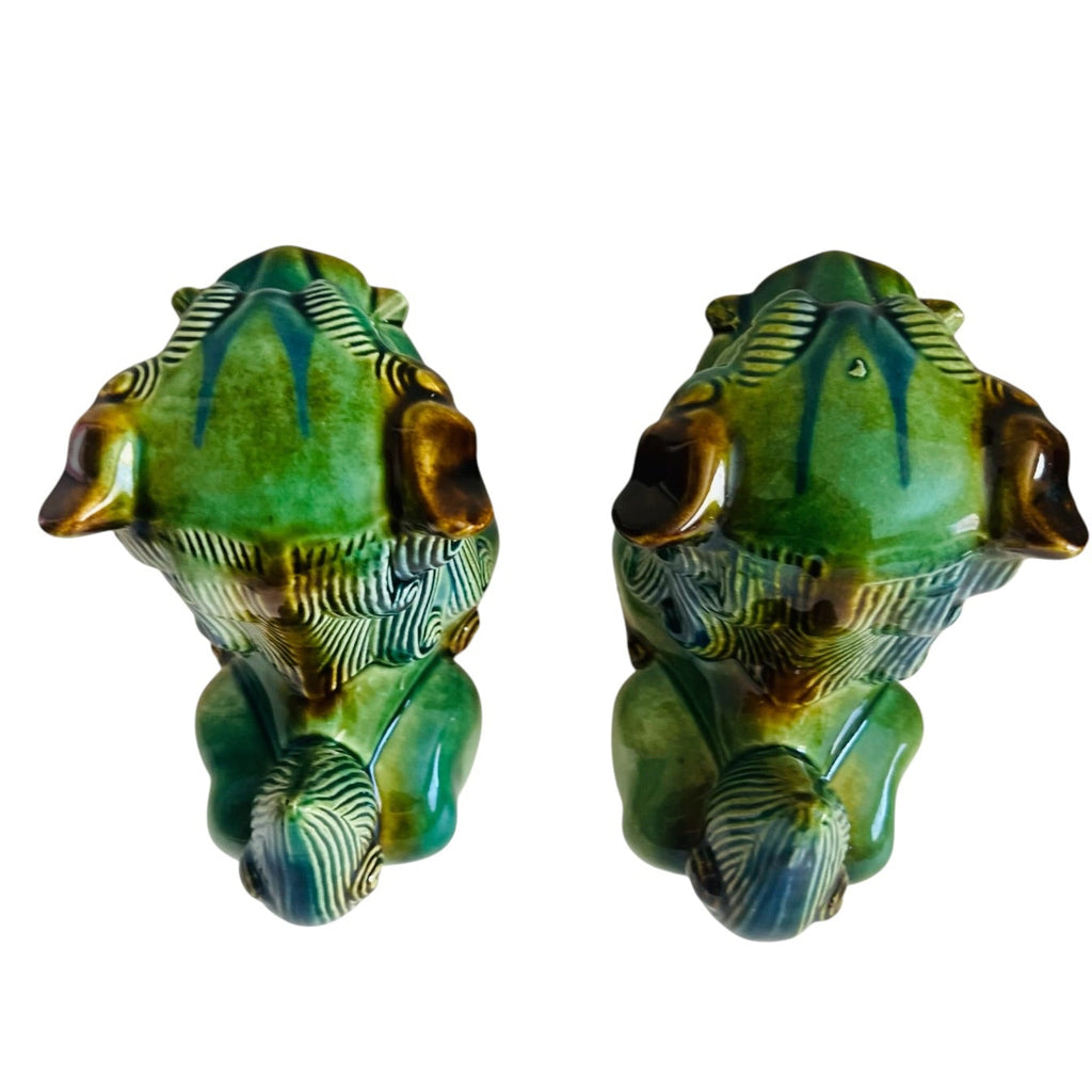 Vintage Green Ceramic Foo Dog Statues - Pair