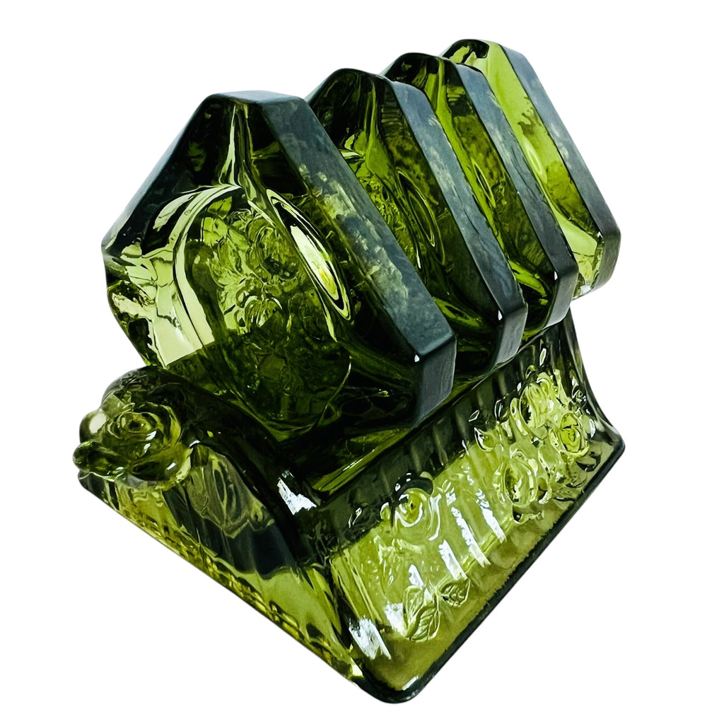 Vintage Fenton Green Glass Rose Flower Design Square Ashtray Set