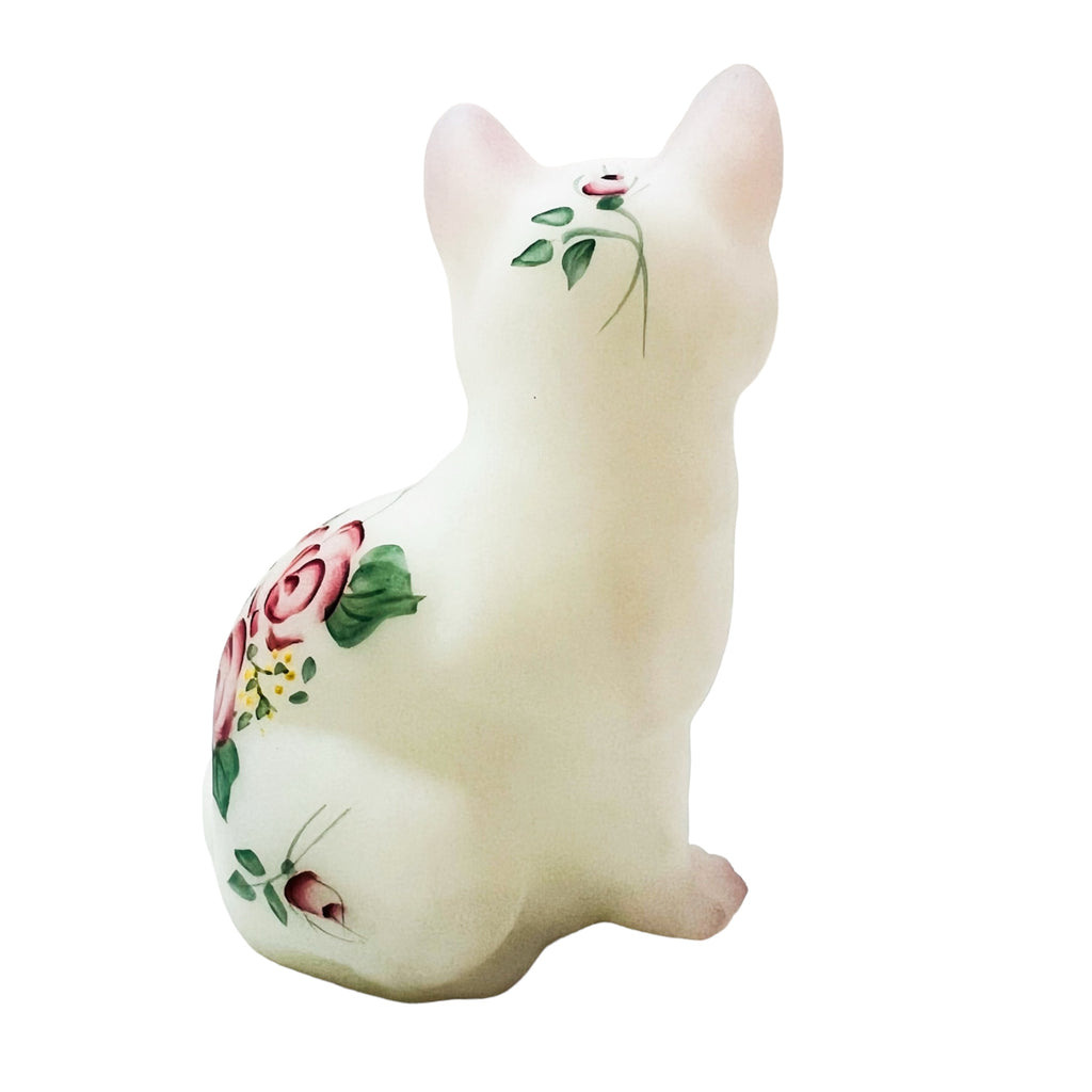 Vintage Fenton Rose Garden Cat Hand Painted Signed Figurine