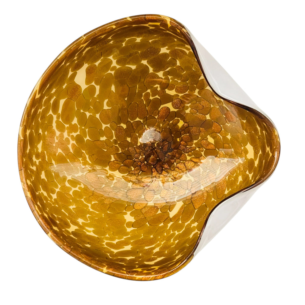 Vintage Murano Brown Gold Glitter Inclusions Cased White Bowl