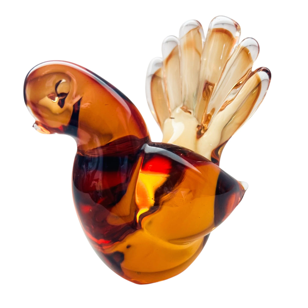 Vintage Art Glass Amber Orange Feather Bird