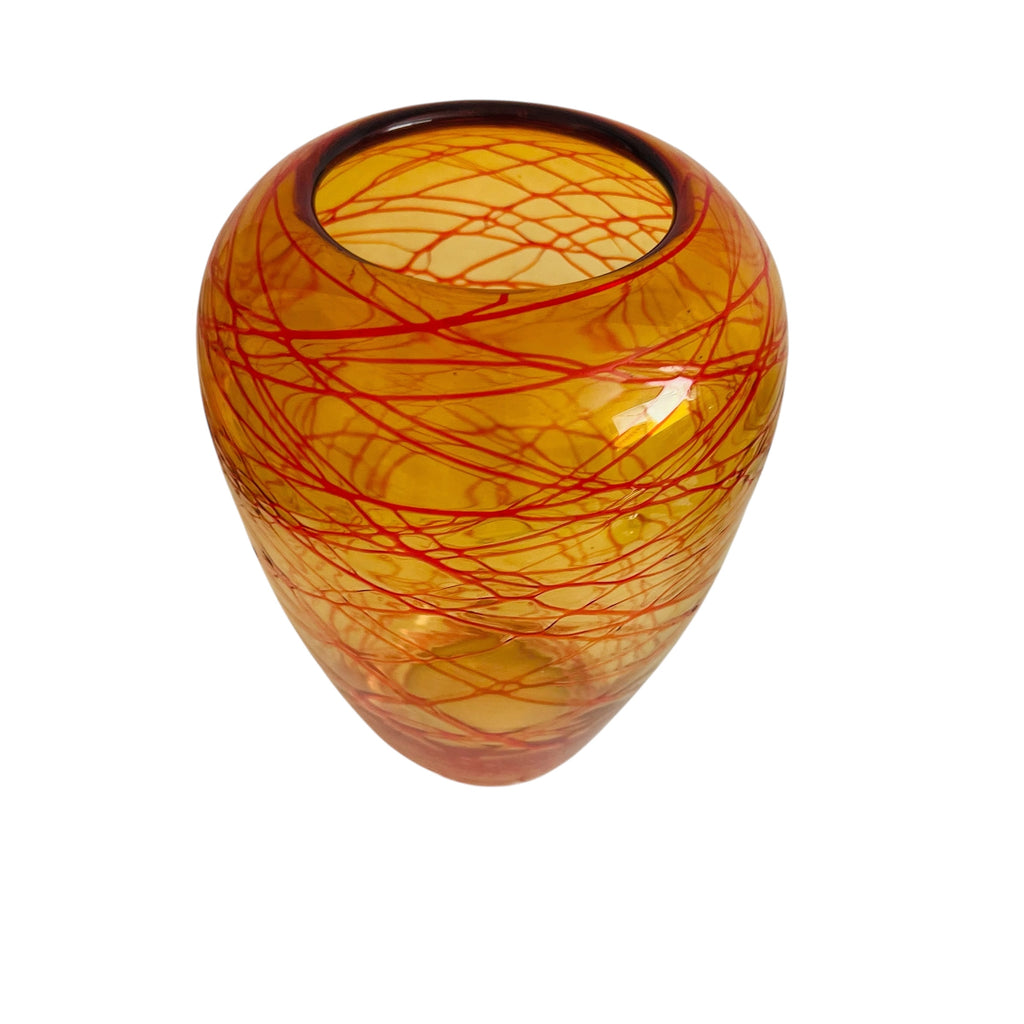 Vintage Hand Blown Amber Orange and Red Threaded Art Glass Vase