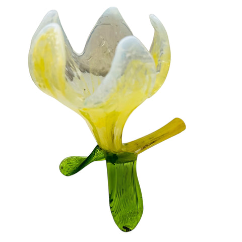 Vintage Kralik Yellow Opalescent Lily Floriform Bohemian Stem Bloom Tube Flower