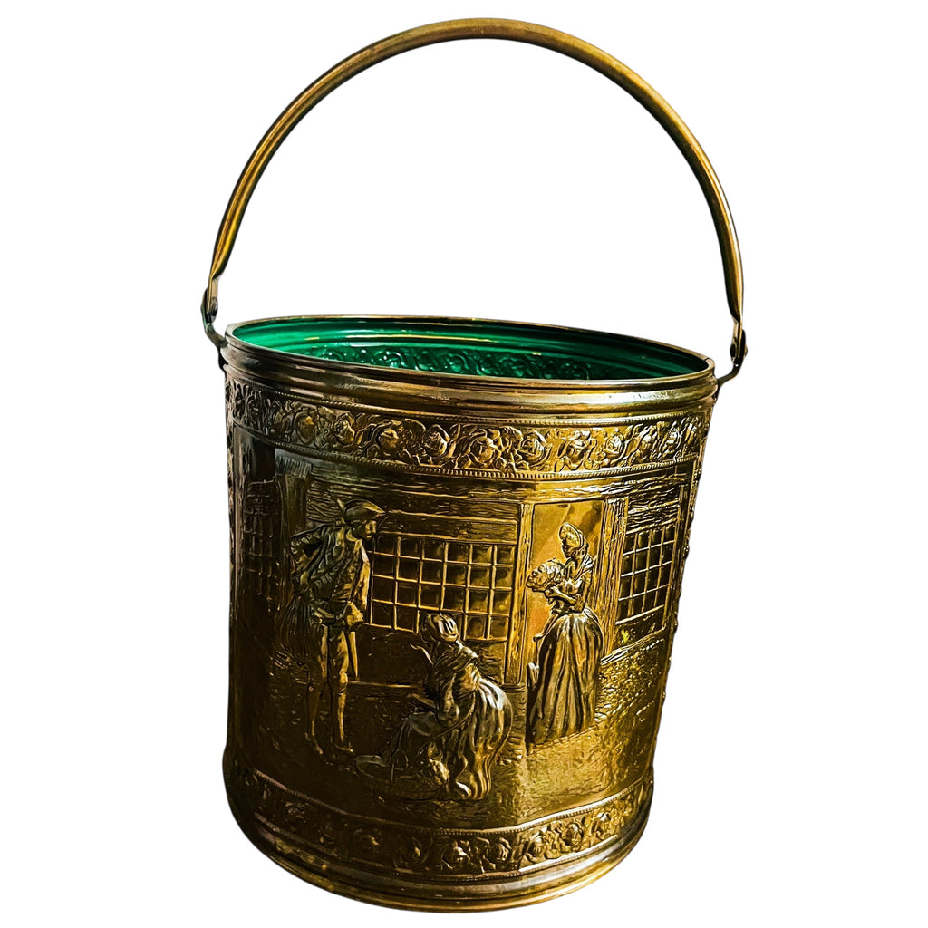 Vintage Brass Colonial Scene for Coal or Firewood Brass Bucket with Handle