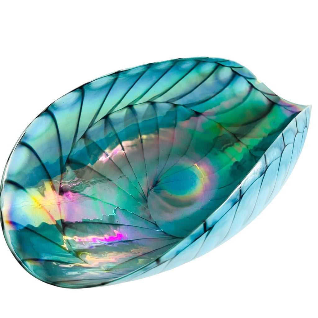 Furnace Ferro Italian Murano Sea Shell Iridescent Folded Art Glass Bowl